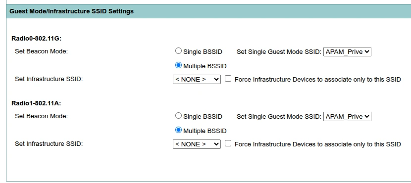 Guest Mode/Infrastructure SSID Settings
